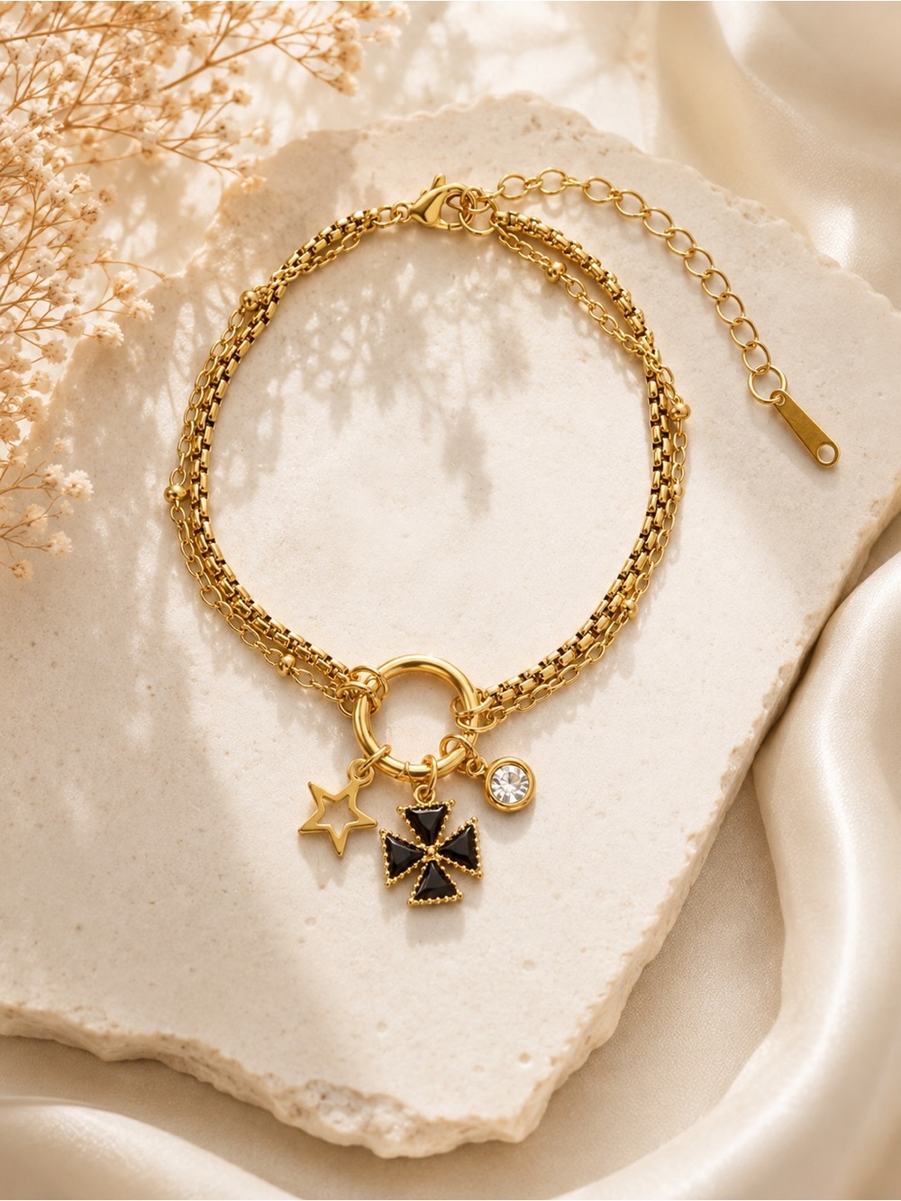 Gold Bracelet with Black  Black Clover Charm - Women Jewelry